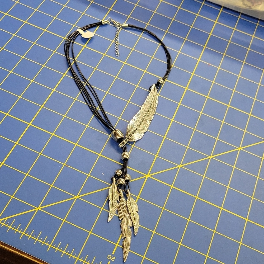 6 Black Strand Silver Tone Feathers Black Rhinestone Accented 20"